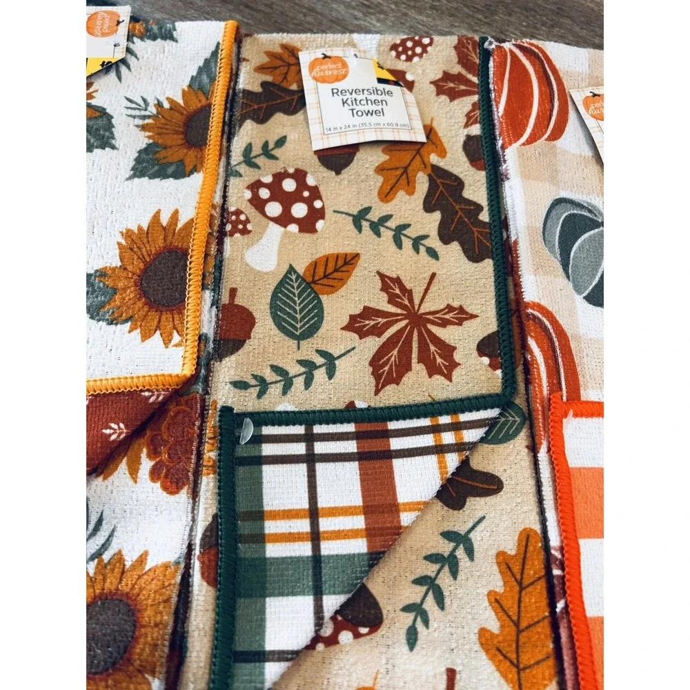 Perfect Harvest Reversible Kitchen Towels Leaves Sunflowers Pumpkin Lot of 5 BxA